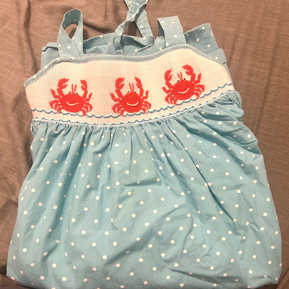 Anavini Hand Smocked Crab Ocean Dress- Girls size 6 long Tie Back